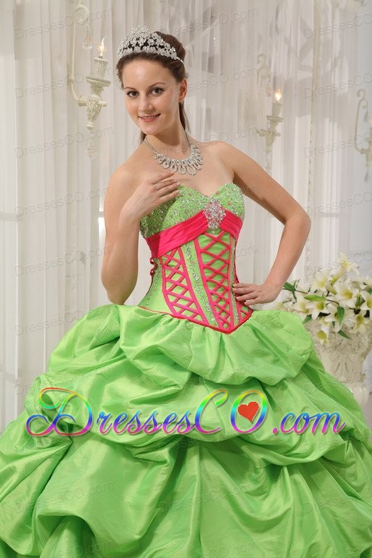 Spring Green Ball Gown Long Taffeta Beading Pick-ups Quinceanera Dress