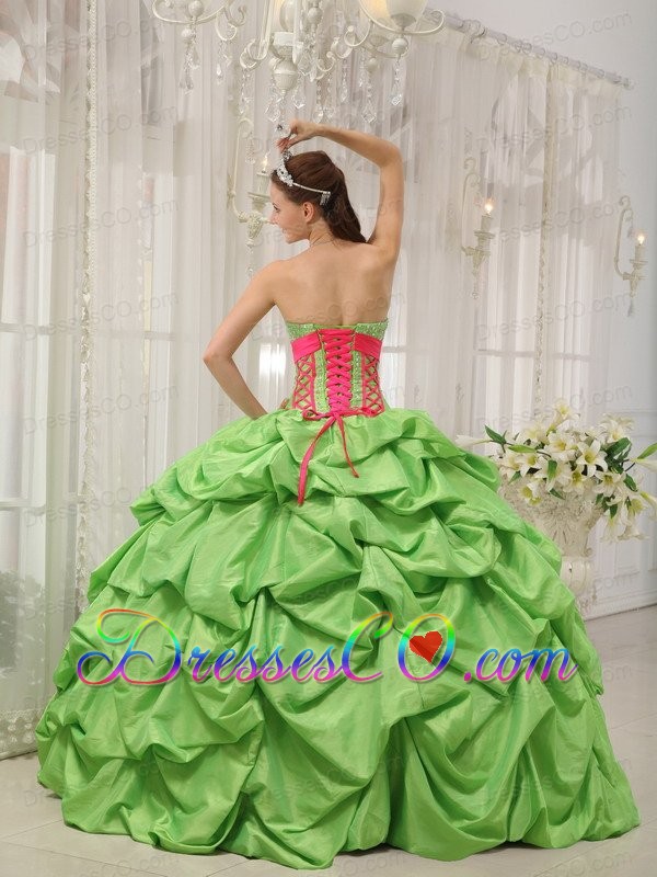 Spring Green Ball Gown Long Taffeta Beading Pick-ups Quinceanera Dress