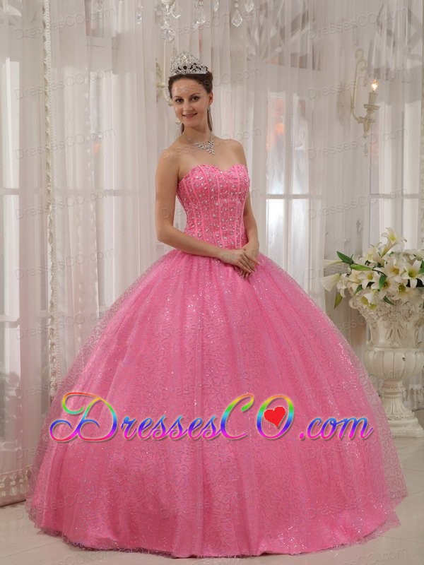 Pink Ball Gown Long Beading Quinceanera Dress