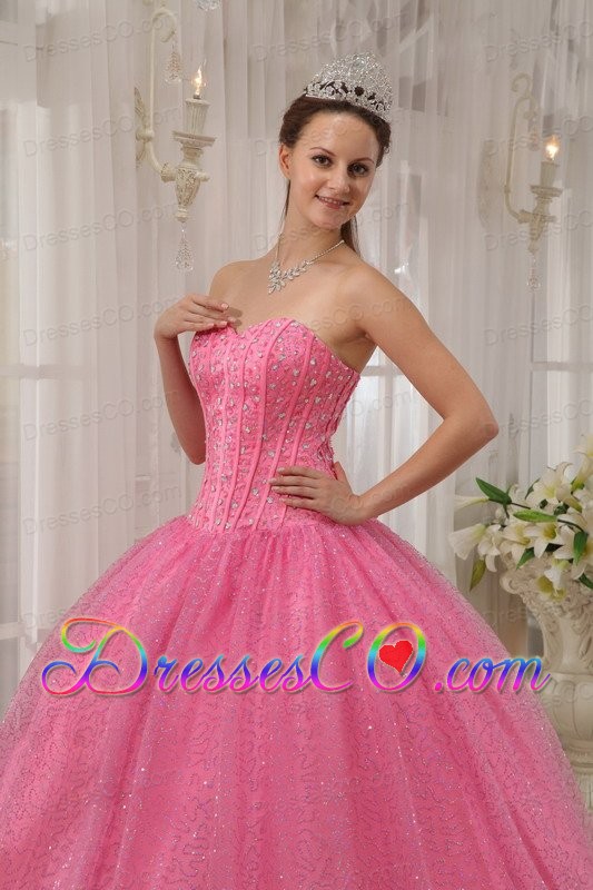 Pink Ball Gown Long Beading Quinceanera Dress