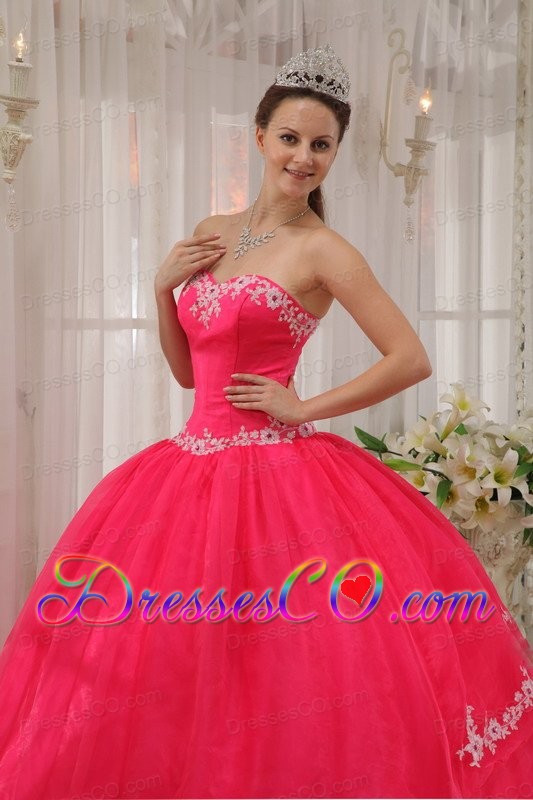 Coral Red Ball Gown Long Taffeta And Organza Appliques Quinceanera Dress