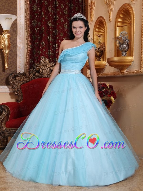 Light Blue A-line One Shoulder Long Tulle Ruching Quinceanera Dress