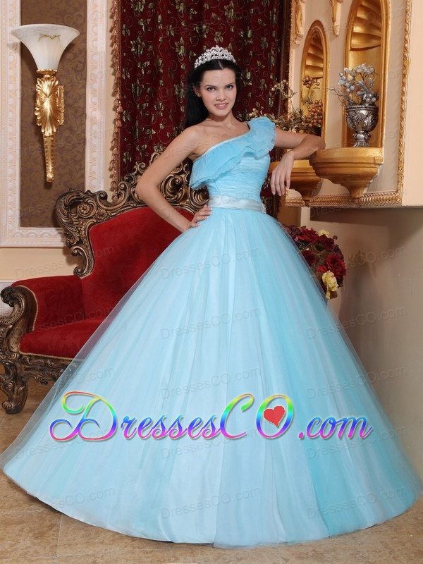 Light Blue A-line One Shoulder Long Tulle Ruching Quinceanera Dress