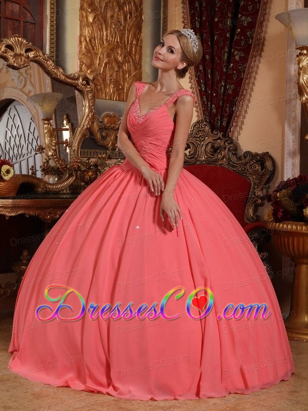 Watermelon Ball Gown V-neck Long Chiffon Beading Quinceanera Dress