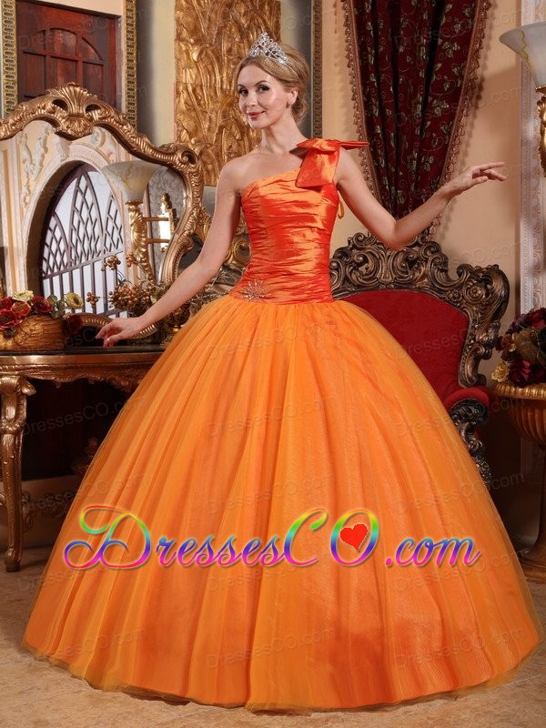 Orange Ball Gown One Shoulder Long Tulle Beading Quinceanera Dress
