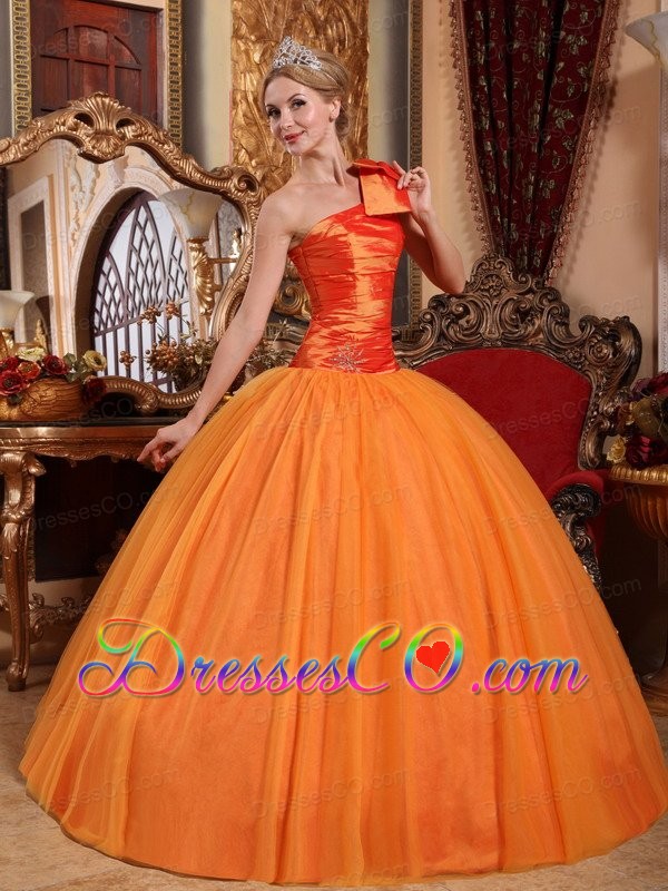 Orange Ball Gown One Shoulder Long Tulle Beading Quinceanera Dress