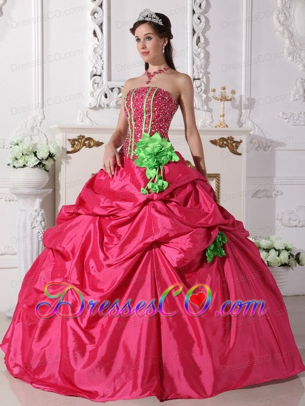 Coral Red Ball Gown Strapless Long Taffeta Beading And Hand Made Flowers Quinceanera Dress