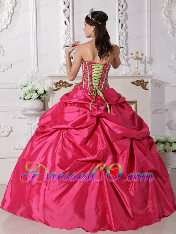 Coral Red Ball Gown Strapless Long Taffeta Beading And Hand Made Flowers Quinceanera Dress