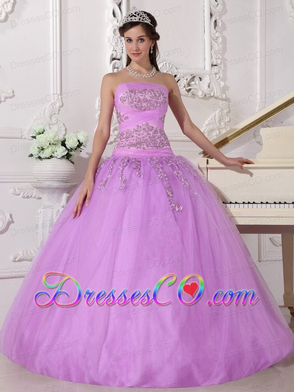 Lavender Ball Gown Strapless Long Taffeta And Tulle Beading Quinceanera Dress