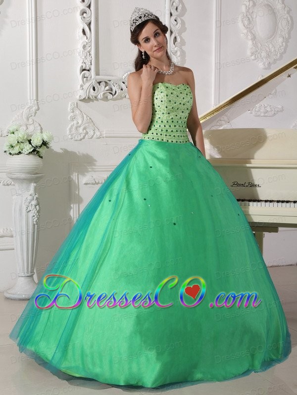 Spring Green Ball Gown Long Tulle Beading Quinceanera Dress