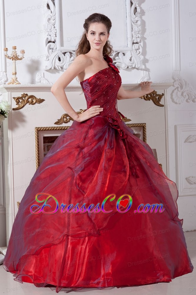 Wine Red A-line Beading One Shoulder Taffeta And Organza Long Quinceanera Dresses
