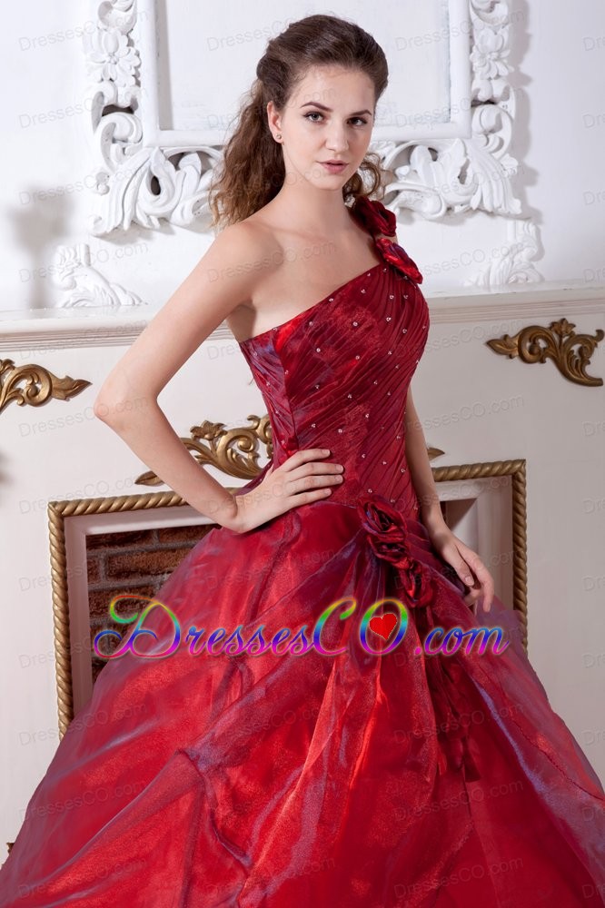 Wine Red A-line Beading One Shoulder Taffeta And Organza Long Quinceanera Dresses