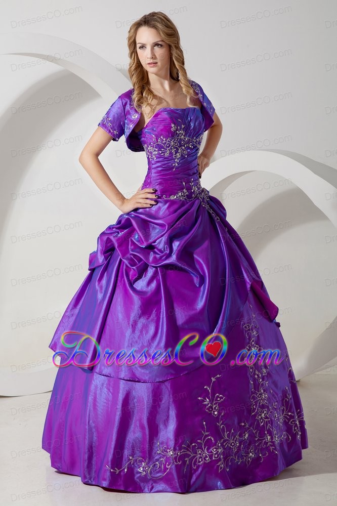 Purple Ball Gown Strapless Long Taffeta Embroidery Prom / Evening Dress