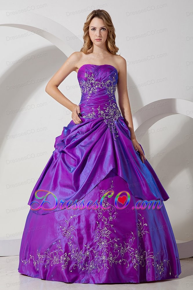 Purple Ball Gown Strapless Long Taffeta Embroidery Prom / Evening Dress