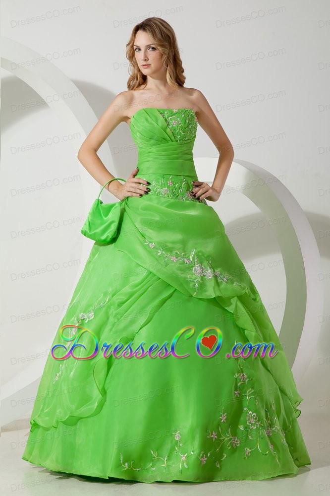 Green Ball Gown Strapless Long Chiffon Embroidery Quinceanera Dress