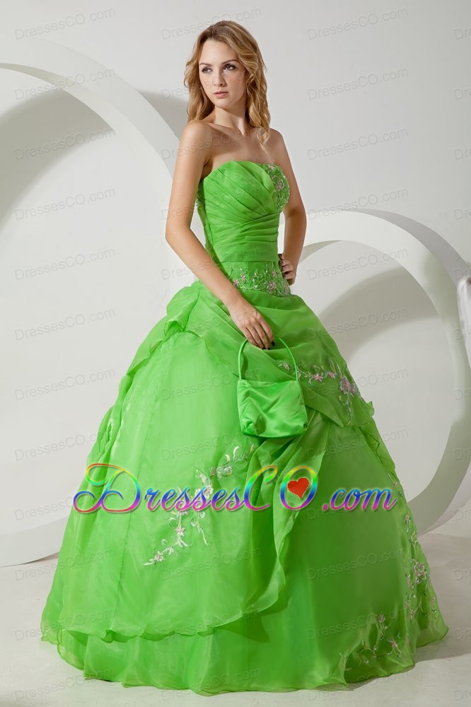 Green Ball Gown Strapless Long Chiffon Embroidery Quinceanera Dress