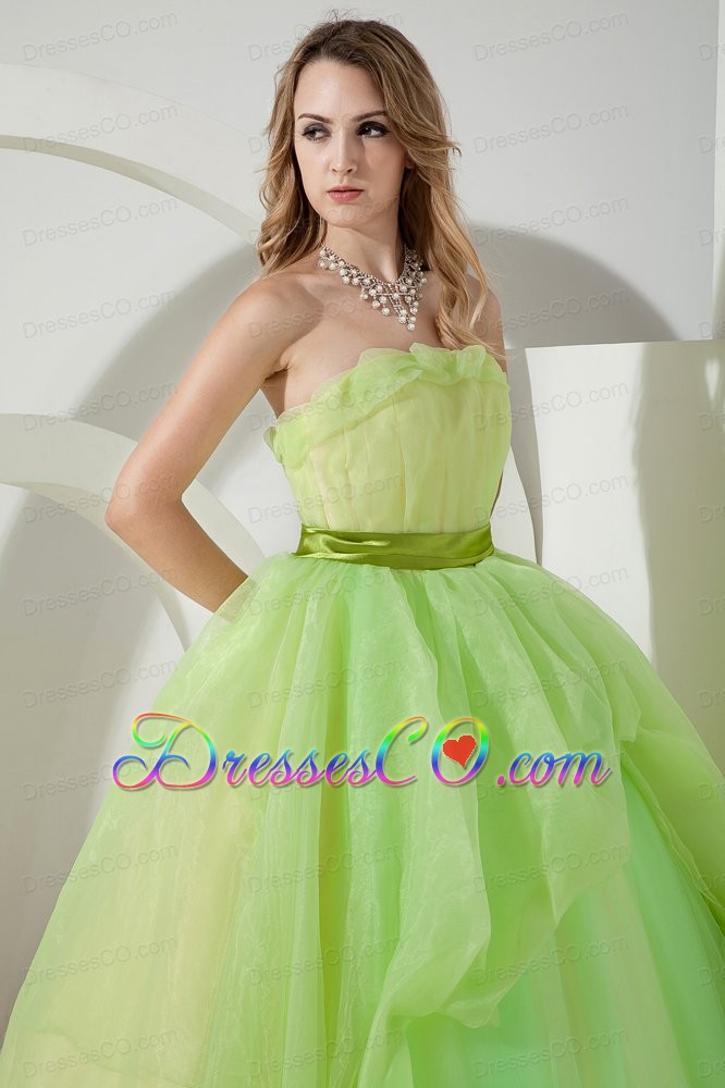 Spring Green Ball Gown Strapless Long Organza Ruches And Belt Quinceanera Dress