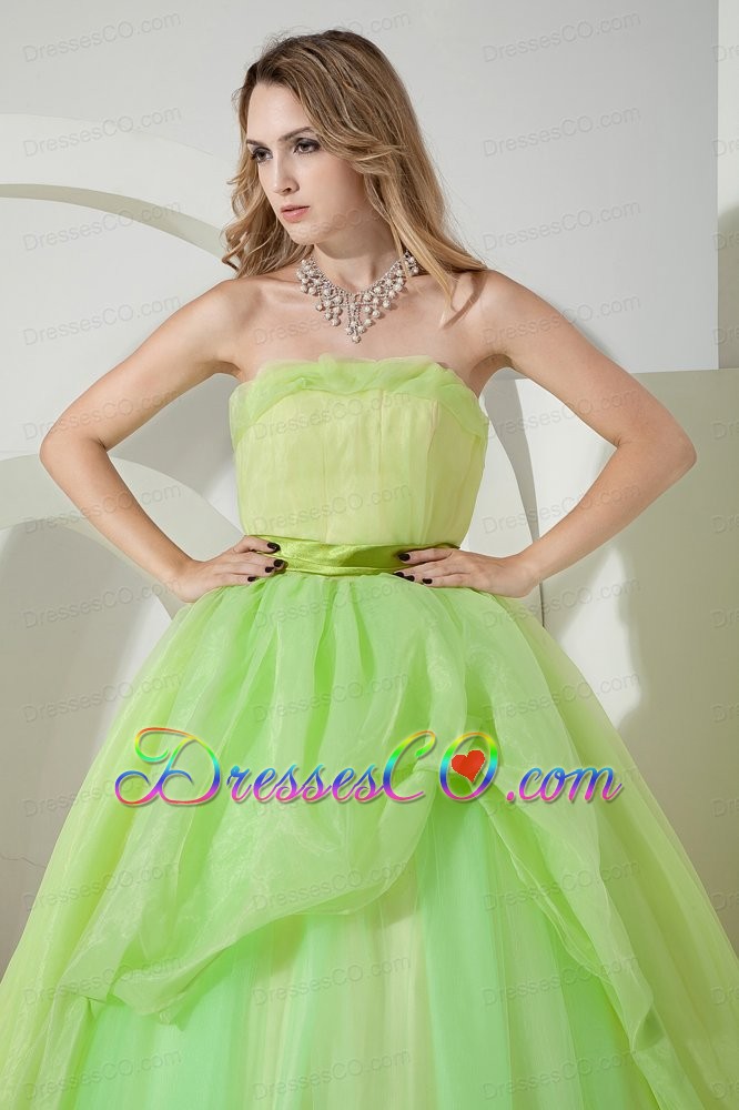 Spring Green Ball Gown Strapless Long Organza Ruches And Belt Quinceanera Dress