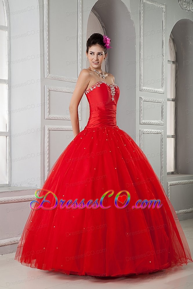Red Ball Gown Long Tulle Beading Quinceanea Dress