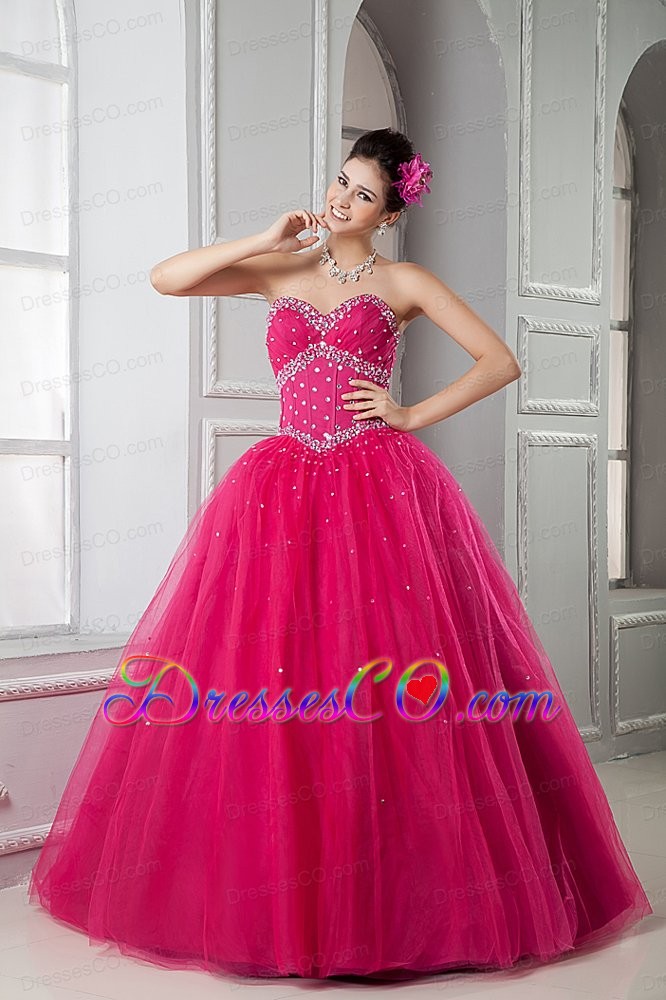 Hot Pink Ball Gown Long Tulle Beading Quinceanera Dresss