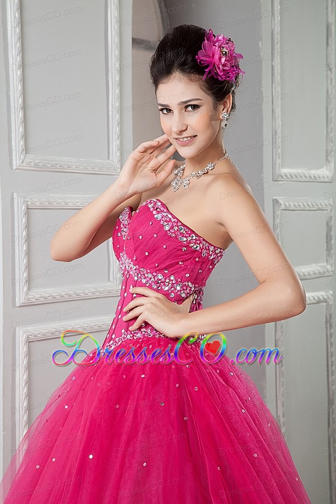 Hot Pink Ball Gown Long Tulle Beading Quinceanera Dresss