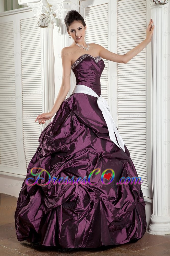 Dark Purple Ball Gown Long Taffeta Sash Quinceanea Dress
