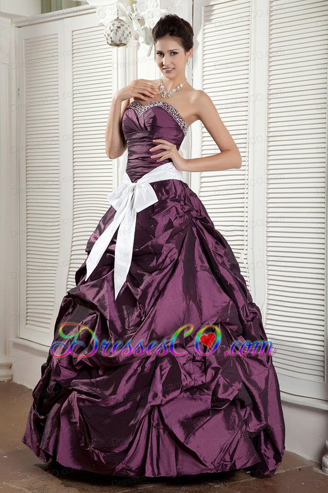 Dark Purple Ball Gown Long Taffeta Sash Quinceanea Dress