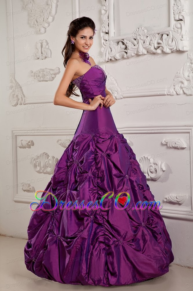 Purple Ball Gown Strapless Long Taffeta Beading And Embroidery Quinceanera Dress