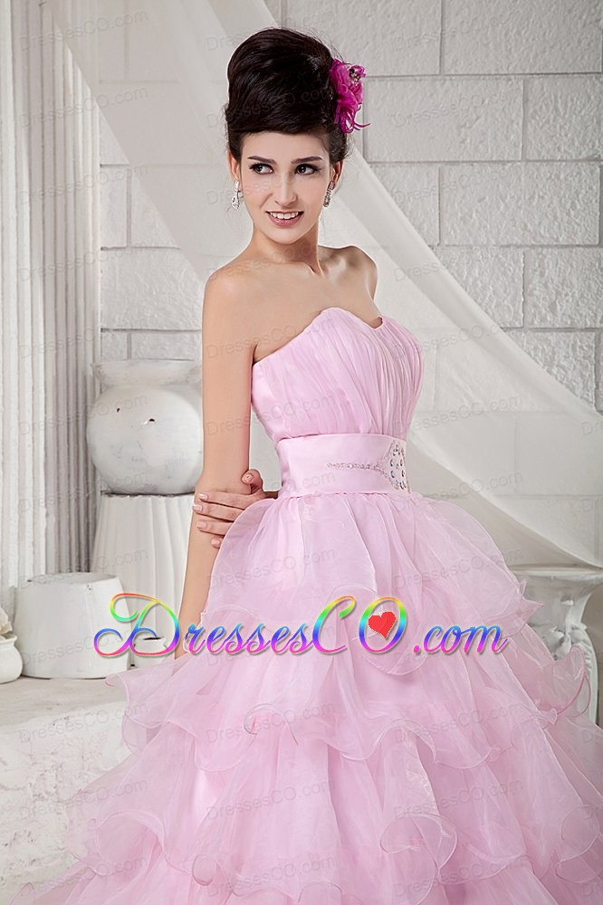 Baby Pink Ball Gown Long Organza Beading Quinceanea Dress