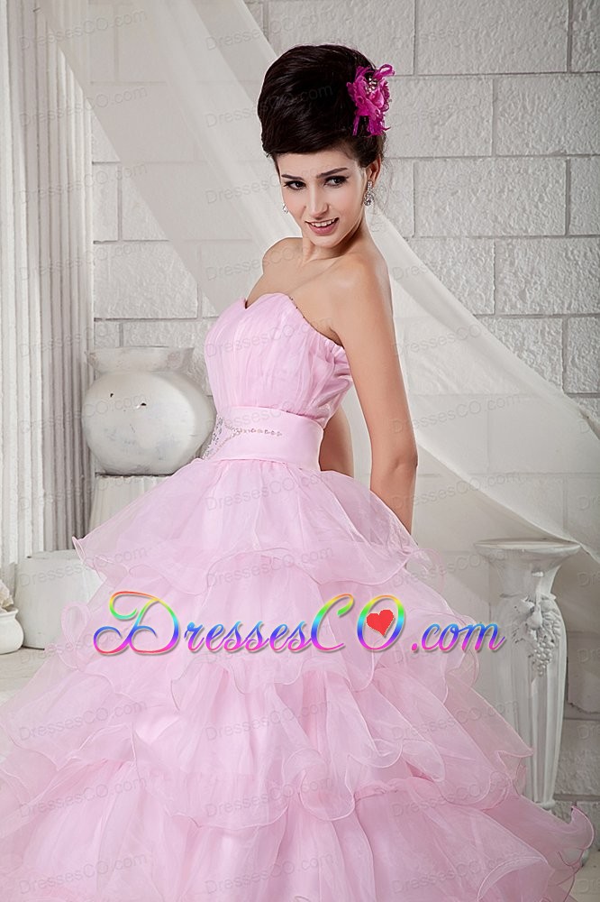 Baby Pink Ball Gown Long Organza Beading Quinceanea Dress