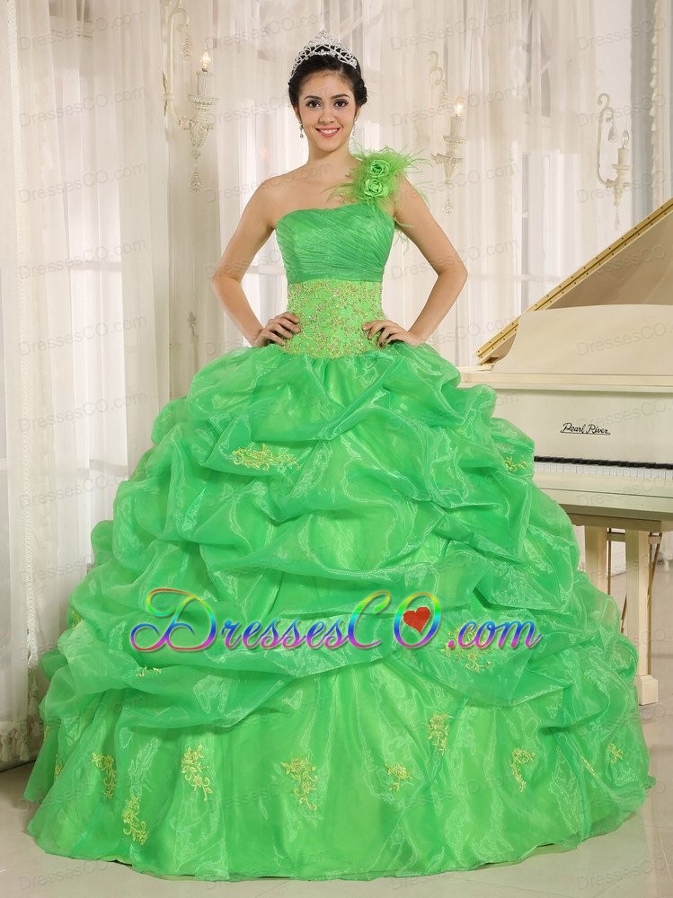 Hot Spring Green One Shoulder Quinceaners Dress With Embroidery and Pick-ups Decorate
