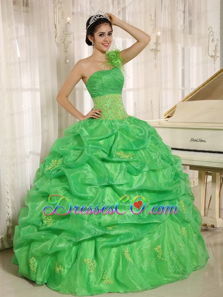 Hot Spring Green One Shoulder Quinceaners Dress With Embroidery and Pick-ups Decorate