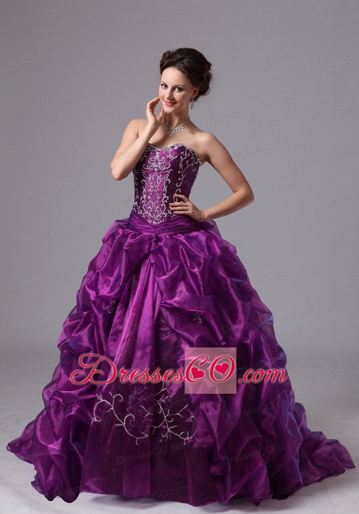 Embroidery and Pick-ups Sweep Train For Eggplant Purple Quinceanera Dress For Custom Made In Griffin Georgia