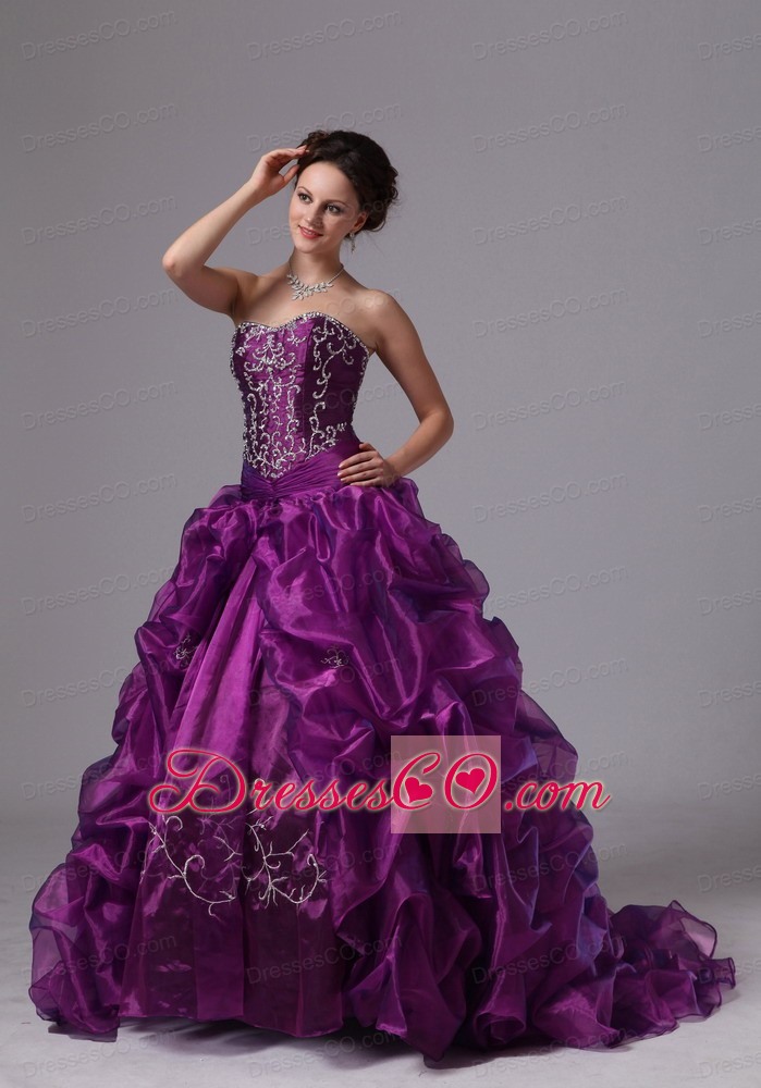 Embroidery and Pick-ups Sweep Train For Eggplant Purple Quinceanera Dress For Custom Made In Griffin Georgia