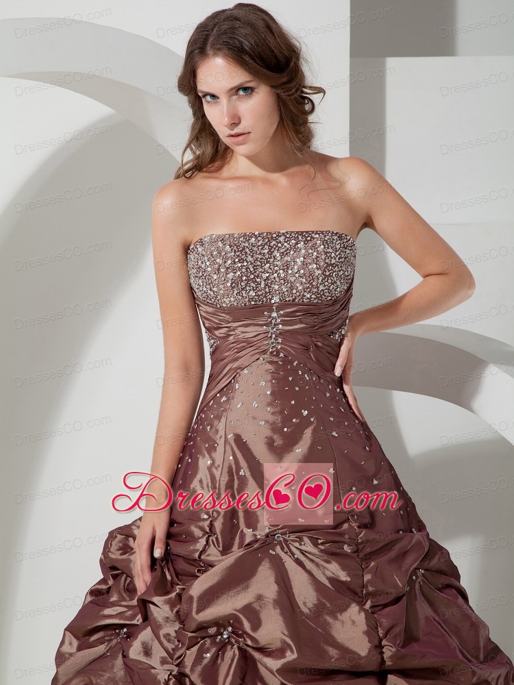 Brown Ball Gown Strapless Long Taffeta Beading Quinceanera Dress