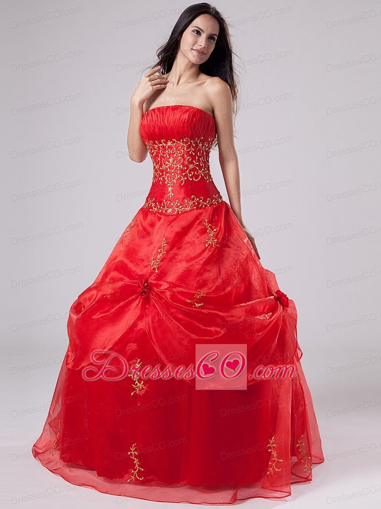 Red Quinceanera Dress With Embroidery and Pick-ups Organza For Custom Made