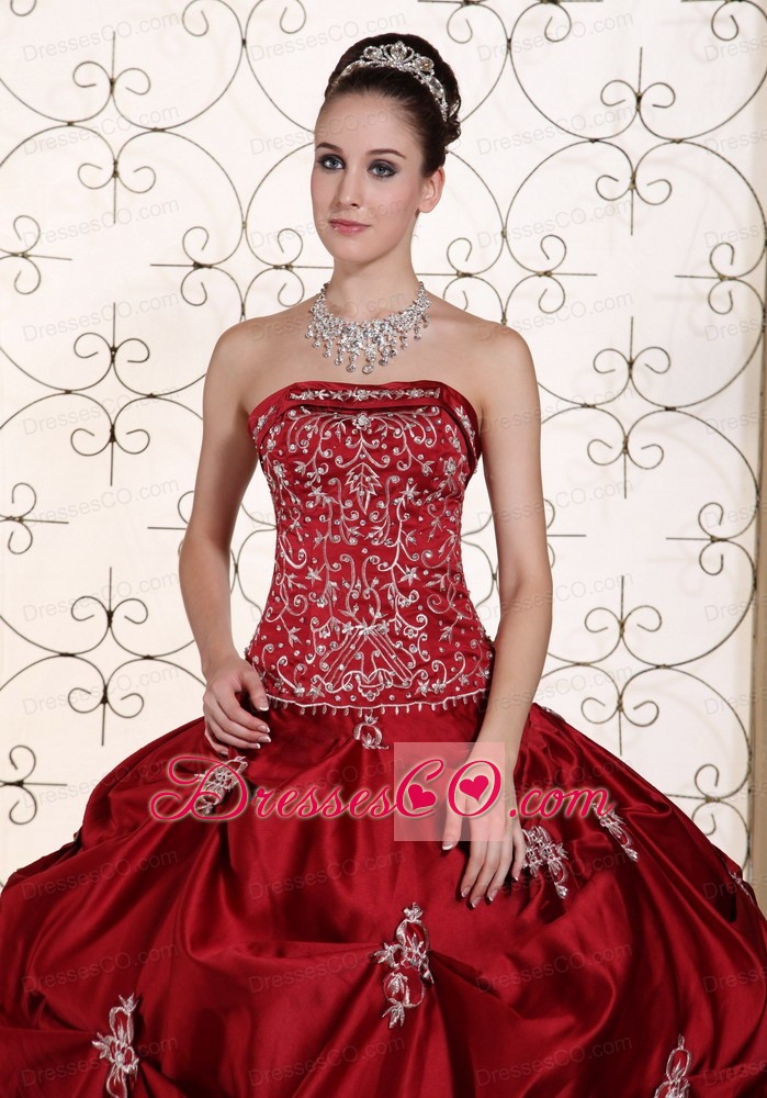Embroidery in Wine Red Taffeta Pick-ups Strapless Modest Quinceanera Dress