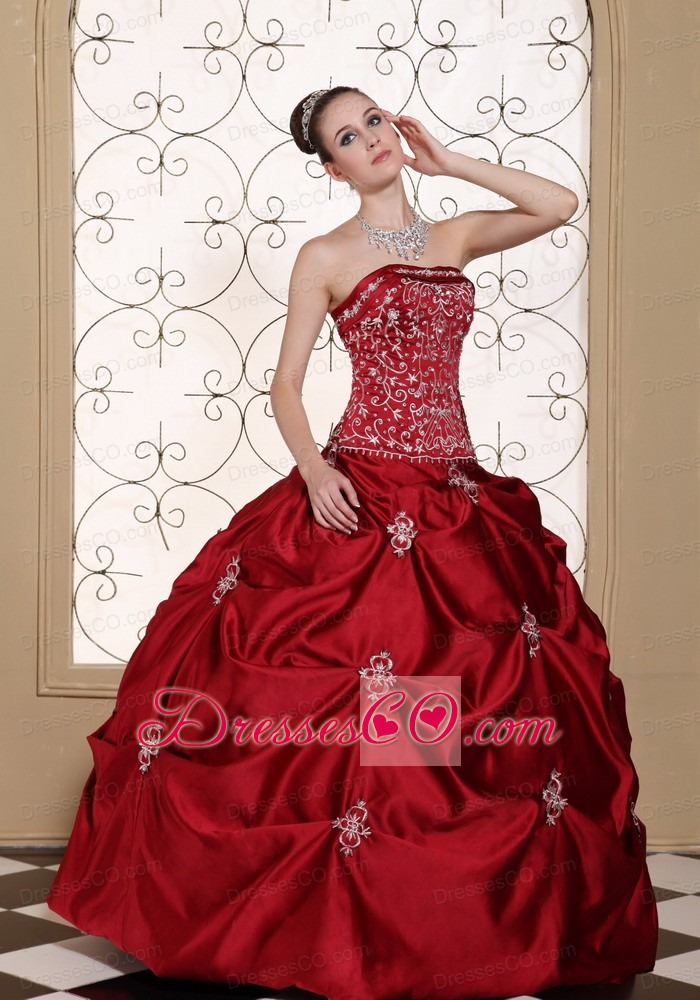 Embroidery in Wine Red Taffeta Pick-ups Strapless Modest Quinceanera Dress