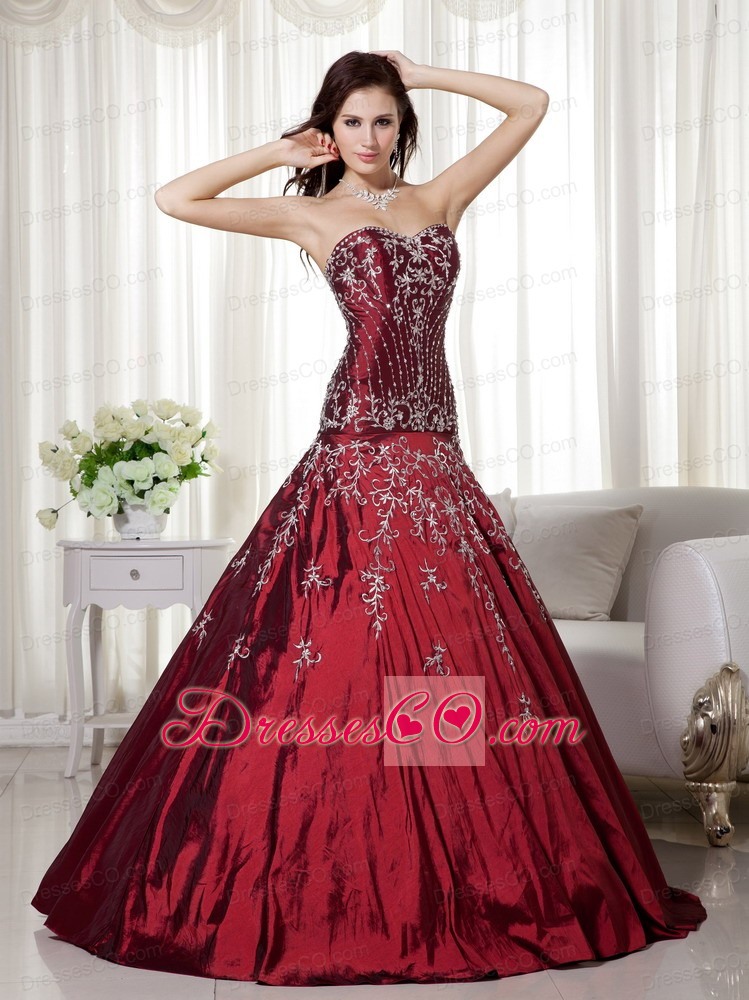 Wine Red A-line Long Taffeta Beading And Embroidery Quinceanera Dress