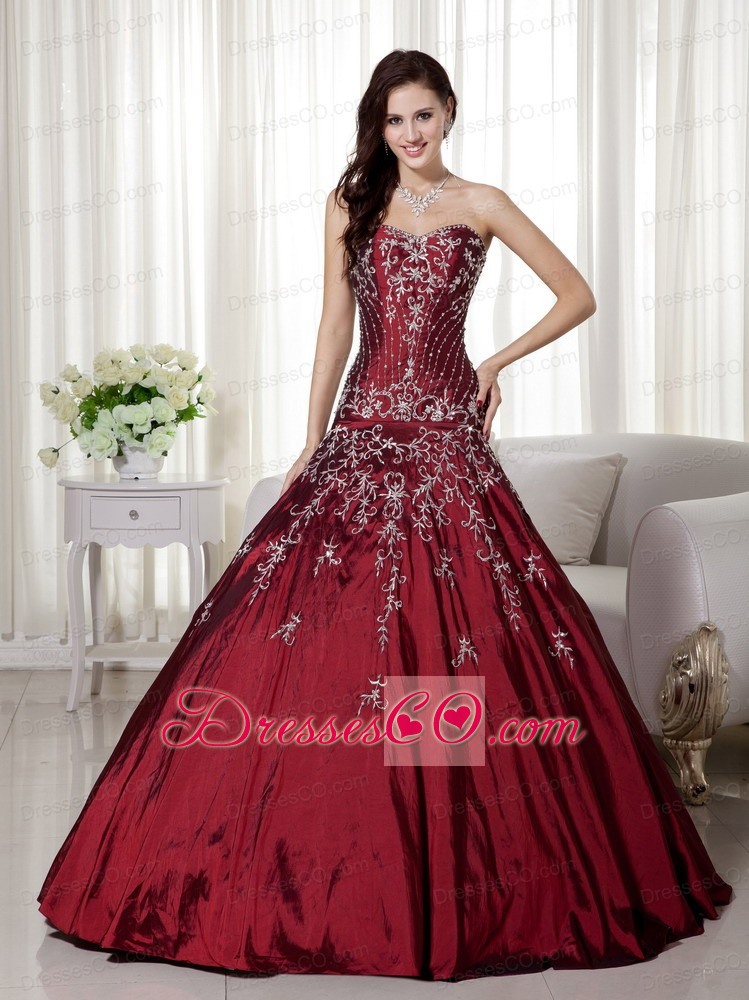 Wine Red A-line Long Taffeta Beading And Embroidery Quinceanera Dress