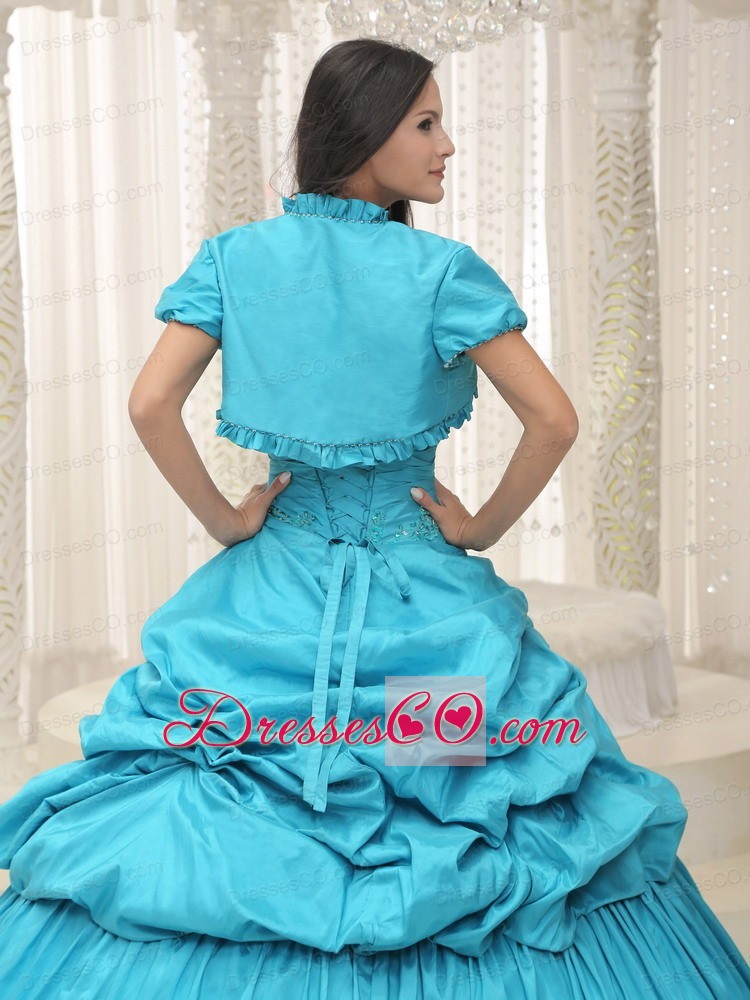 Teal Taffeta Appliques Lace Up For Quinceanera Dress