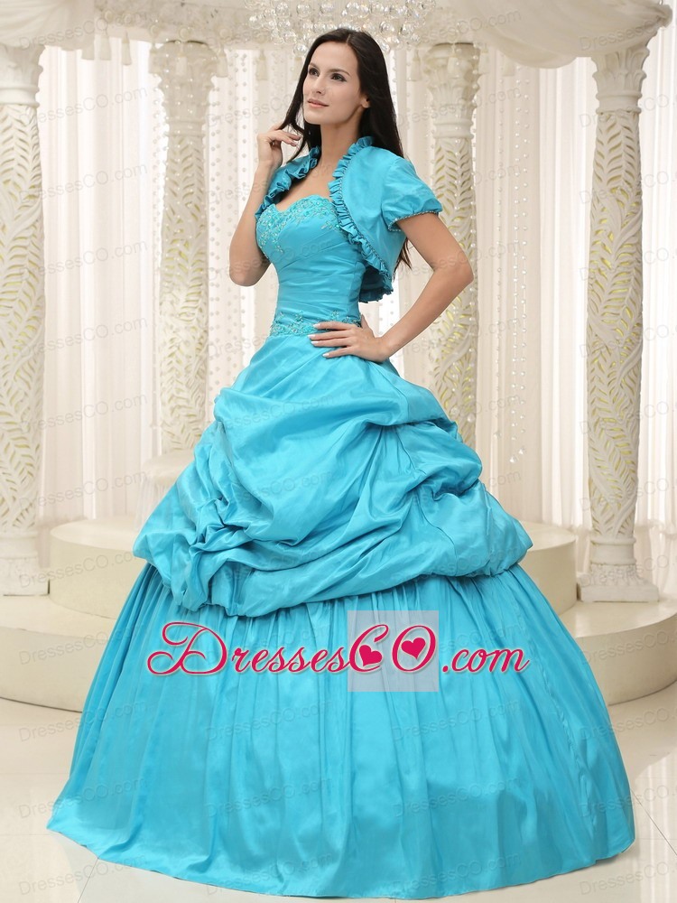 Teal Taffeta Appliques Lace Up For Quinceanera Dress