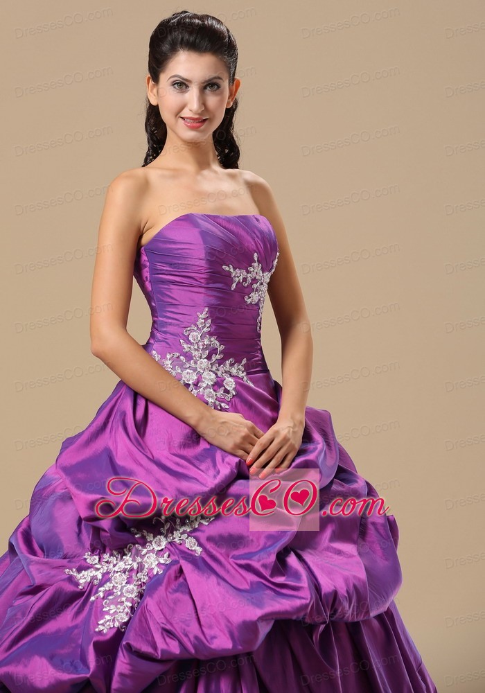 Appliques Decorate Bodice Strapless Pick-ups Purple Long Prom / Pageant Dress