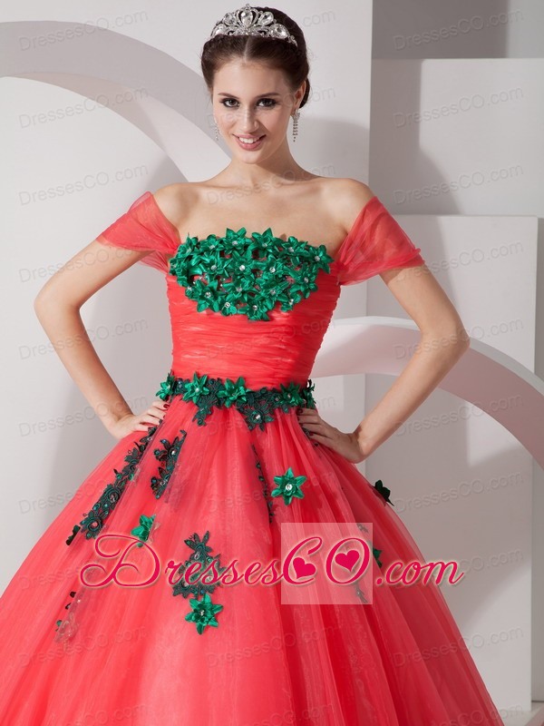 Coral Red Princess Off The Shoulder Long Organza Appliques Prom Dress