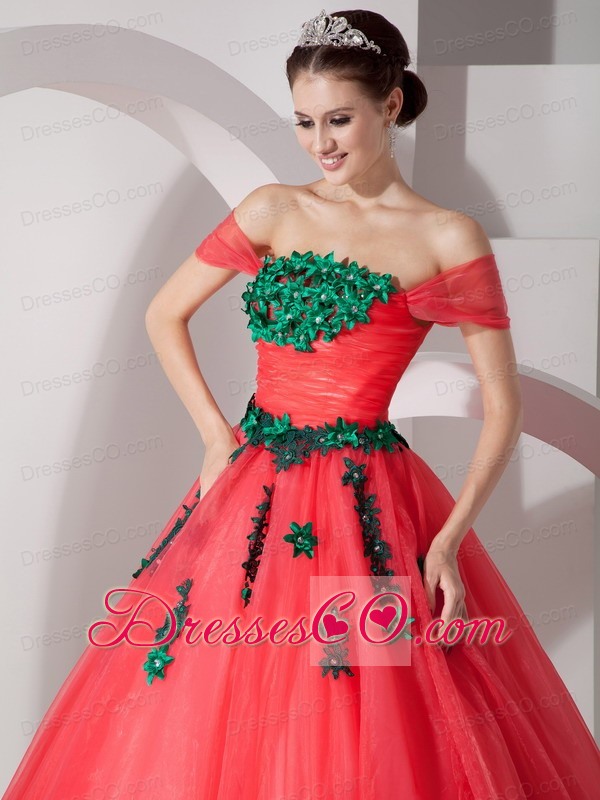 Coral Red Princess Off The Shoulder Long Organza Appliques Prom Dress