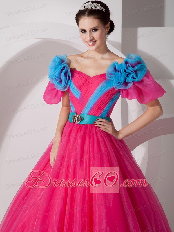 Hot Pink A-line V-neck Long Organza Hand Made Flowers Prom Dress
