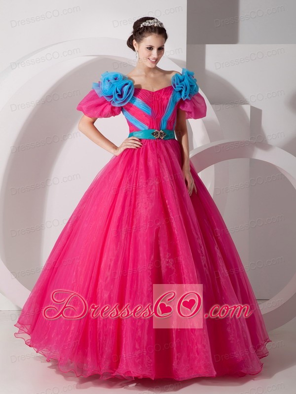 Hot Pink A-line V-neck Long Organza Hand Made Flowers Prom Dress