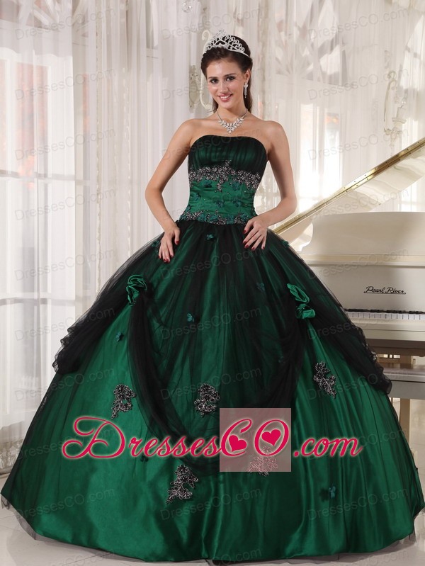 Green Ball Gown Strapless Long Tulle And Taffeta Beading Quinceanera Dress