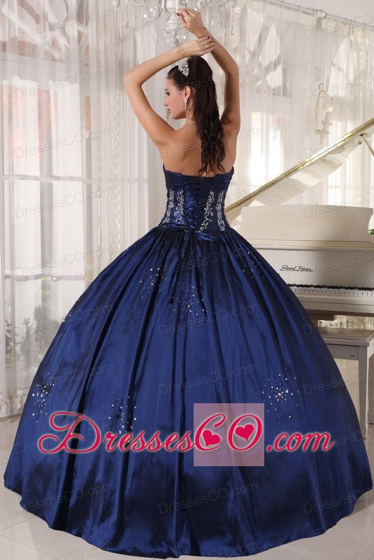 Navy Blue Ball Gown Strapless Long Taffeta Embroidery And Beading Quinceanera Dress