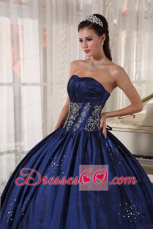 Navy Blue Ball Gown Strapless Long Taffeta Embroidery And Beading Quinceanera Dress